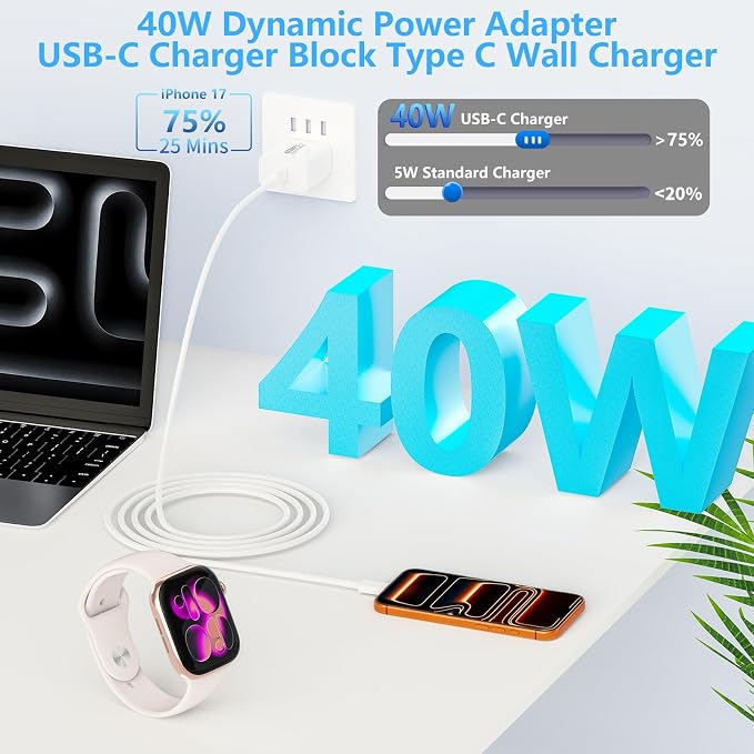 [Apple MFi Certified] iPhone 17 Charger Fast Charging, Linocell 4Pack 40W Dynamic Power Adapter USB C Charger Type C Wall Chargers with 6FT Type C Cable for iPhone 17/17 Pro/17 Pro Max/16 Pro/15/iPad