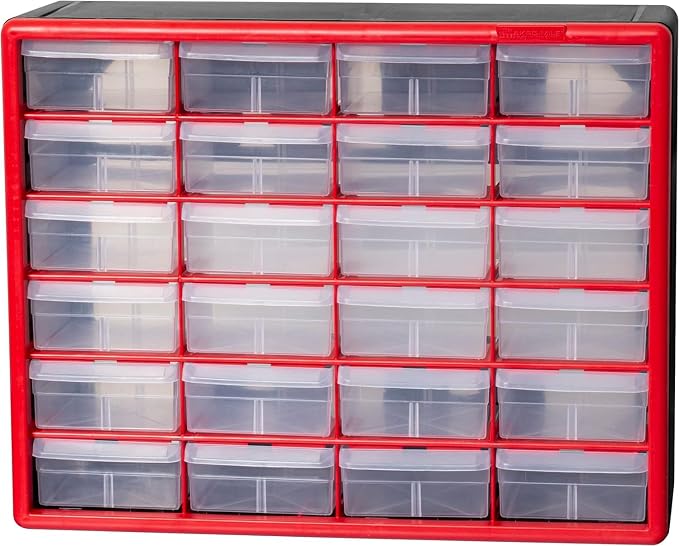 Akro-Mils 24-Drawer Plastic Drawer Storage Cabinet for Garage Organization, Bead Organizer, Building Bricks Storage, Teacher Toolbox, Makeup Organizer, 20-Inch W x 6-Inch D x 16-Inch H, 10124 Red