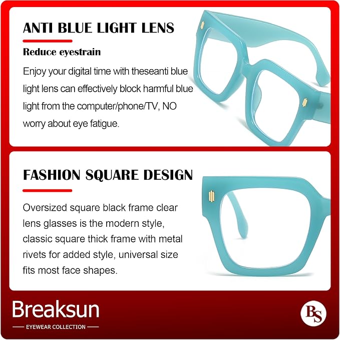 Breaksun Fashion Oversized Blue Light Blocking Glasses for Women Men Trendy Big Square Frame Computer Eyeglasses