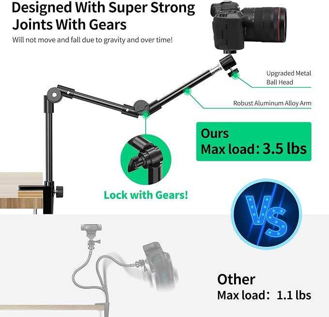 Webcam Stand Camera Desk Mount with Phone Holder & 5/8" Screw - 22" Flexible Projector Stand Gooseneck Desk Mic Stand for Logitech C922 C930e C920 C615 C960 Brio 4K, GoPro, Blue Yeti Snowball Ice