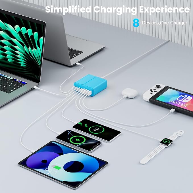 320W USB C Charger Block, 8-Port USB C Charging Station PD 65W PC Laptop Fast Charger Adapter for MacBookPro/Air,DELL,iPad,Portable Charging Station for iPhone,Samsung Galaxy (Blue)