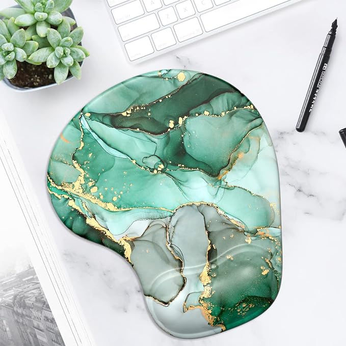 ITNRSIIET Ergonomic Mouse Pad with Gel Wrist Support Wrist Rest Smooth Surface Non-Slip PU Base Comfortable Office Supplies Pain Relief, 9.5 x 8 inches, Green Marble Texture