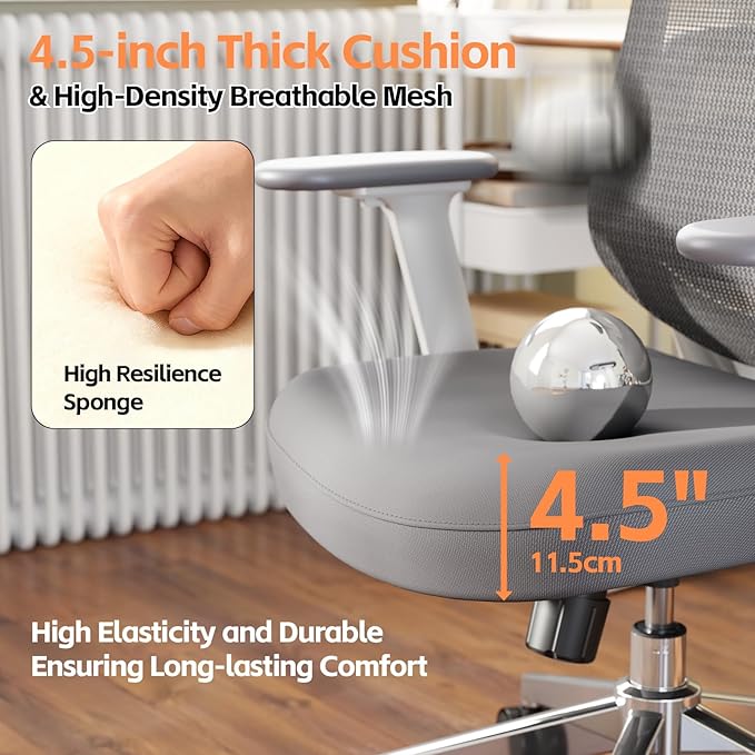 Ergonomic Office Chair, Home Office Desk Chairs, 3D Lumbar Support High Back Desk Chair, Comfortable Computer & Gaming Chair for Office & Home - Silver