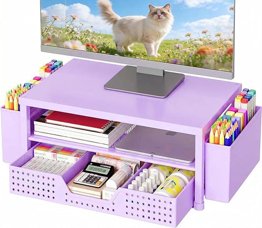 OPNICE Desk Organizers and Accessories, 2-Tier Computer Monitor Stand Riser with Drawer and 2 Pen Holders, Laptop Stand, Office Desk Accessories for Office Supplies, Purple