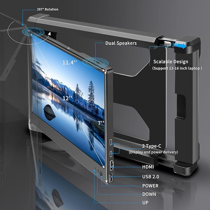 Alecewey Portable Monitor for Laptop Screen Extender Dual Monitor 12 Inch FHD 1080P IPS Display USB-A/Type-C/HDMI/Speakers for 13-16 Inch Computer Mac Windows Phone