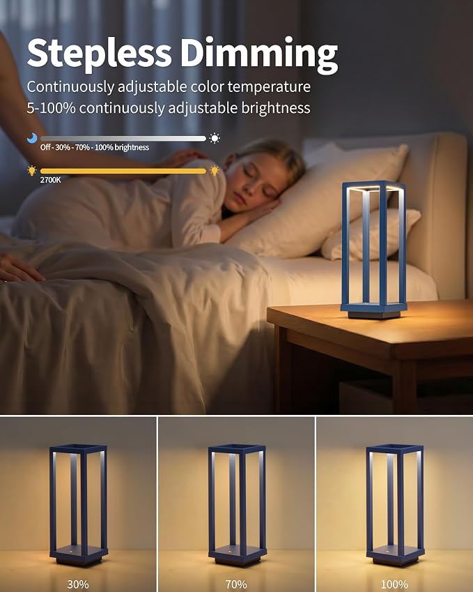 PUSU Cordless Waterproof Table Lamps Set of 2, Blue Outdoor Rechargeable 4000mAh Battery Operated Desk Lamp 2700K 3-Level Dimmable, Portable LED Lighting for Patio, Camping, Bedroom, Night Light