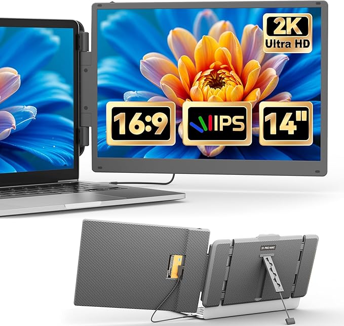 Cenerius 14" 2K Ultra-Clear Laptop Screen Extender, Portable Dual Monitor for 13-17 Inch Laptops, USB-C/HDMI Plug & Play IPS Display, Compatible with Mac/Windows/Android/Switch/PS5/Xbox