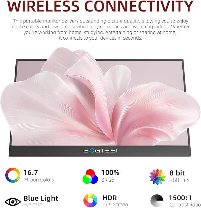 15.6 Inch Wireless Portable Monitor 1080P FHD Ultra Slim Display WiFi Connectivity 180° Adjustable Built-in Stand Lightweight Travel Monitor for Laptop/MAC/Phone/PS5