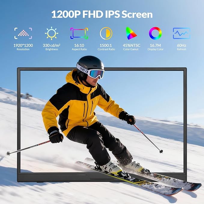 Portable Monitor, 16” 1200P FHD 16:10, 1500:1 Contrast, USB-C HDMI Laptop Screen Extender with Rotating Stand, Horizontal/Vertical Monitor, Travel Monitor for Laptop/PC/Mac/Windows/PS5,Vesa Mountable