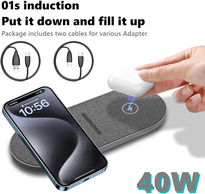 40W Wireless Charging Pad, Dual 20W Fast Wireless Charging Mat for iPhone 16 15 14 13 12 11/Pro/Pro Max/SE/X/XS,Apple Airpods 4/3/Pro,15W Wireless Charger Station for Samsung Galaxy/Note/Bud+