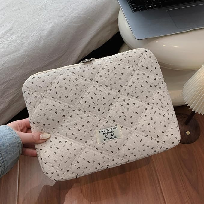 Puffy Laptop Sleeve 13-15.6 Inch Corduroy Quilted Laptop Protective Case Cute Floral Computer Sleeve Protective for MacBook (Cream Ditsy, 11 Inch)