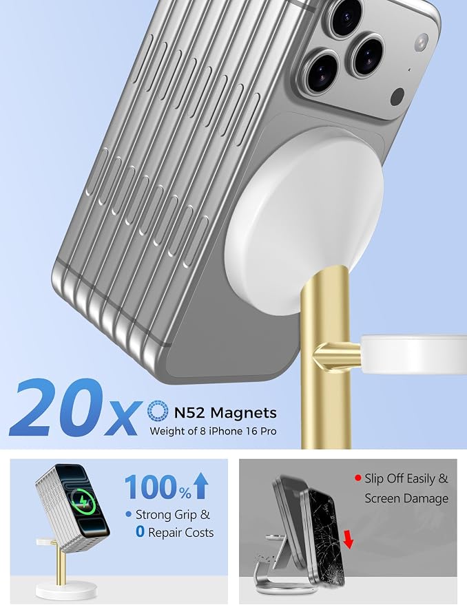 Aeinidi 2026 3 in 1 Wireless Charging Station Compatible with MagSafe Charger Stand, 15W Fast Magnetic Mag-Safe Charger for iPhone 17 16 15 14 13 12 Series Apple iWatch AirPods Pro 4 3 2, WhiteGold