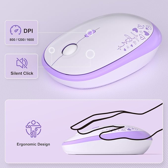 MOFII Wireless Keyboard and Mouse Combo, Cute Retro Typewriter Keyboard and Silent Mouse, 2.4GHz Full Size Computer Keyboard Wireless Mouse Set for PC, Laptop, Desktop, Windows (Purple Colorful)