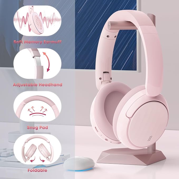 Bluetooth Headphones with Active Noise Cancelling (ANC), Wireless Over Ear Bluetooth Headsets with 35H Playtime, HiFi Stereo Foldable Headphones with Foam Ear Cups for Sports, Travel, Pink