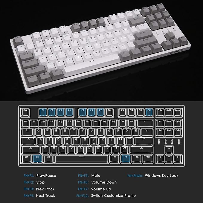 DURGOD Taurus K320 TKL Mechanical Gaming Keyboard - 87 Keys - Double Shot PBT - NKRO - USB Type C (Cherry Silent Red, White)
