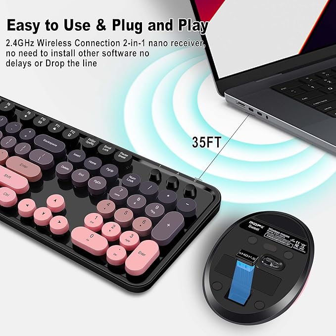 Kootop Wireless Keyboard and Mouse Combo, Cute Colorful 104 Keys Typewriter Retro Round Keycaps Keyboard for PC Laptop,Desktop,Windows, Home and Office Keyboards(Black and Pink)