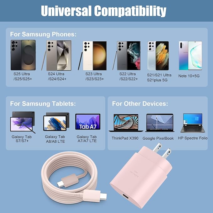 USB C Charger,25W Charger Fast Charging Block Phone Charger Android & Fast Charger Type C 10Ft Cable Cord for Samsung Galaxy S26/S25/S24/S24+/S24 Ultra/S23/S23+/S23Ultra/S22/S22+/S22Ultra/S21/S20,Pink