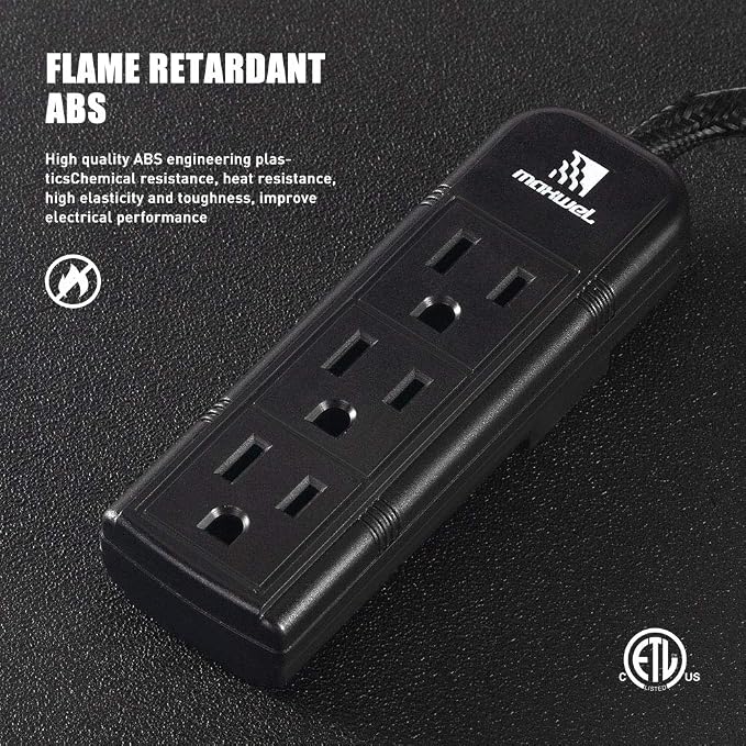 Power Strip Wall Mountable - ETL Listed 3 Grounded Outlets 10 Inch Braided Short Cord Black Mini Power Strips with No Surge Protector AC 13A 125V 1625W Outlets Compact Extension for Travelling