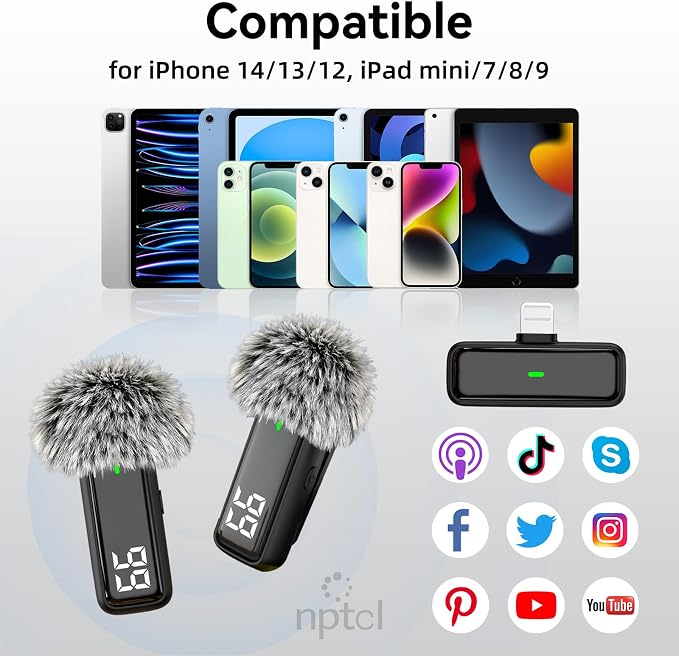NPTCL 2 Pack Wireless Lavalier Microphone for iPhone 14/13/12 Lapel Mic Lightning Lav Mic with 24 H Charging Case for Video Recording Vlog TikTok Instagram - Noise Reduction 70 FT Transmission