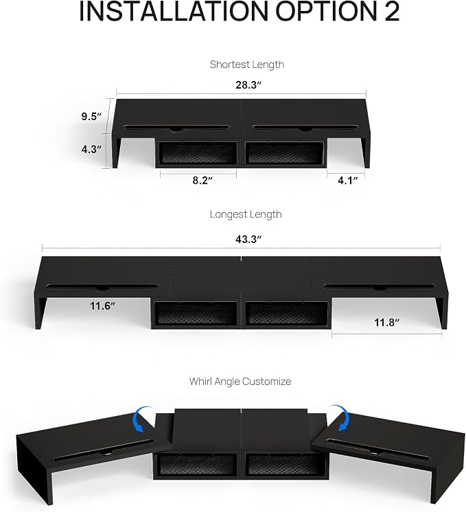 ZIFTY Dual Monitor Stand Riser with 2 Drawer and Smartphone Holder Wooden Desk Organizer, Adjustable Length & Angle Workspace Organizers for 3 Monitors Laptop Printer Computer, Black