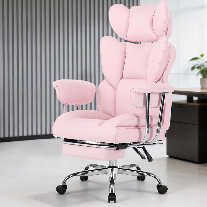 DUMOS Big and Tall Office Chair 350 LBS, Scratch-Resistant PU Leather Executive Office Desk Chair with Footrest, Ergonomic Reclining Computer Chair with Pocket Spring Support for Home Office, Pink