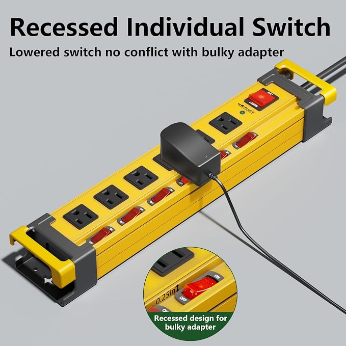 6 Outlet Heavy Duty 2700J Power Strip Surge Protector with Individual Switches Metal Mountable Power Strip with Flat Plug and Cord Manager, 6FT Long Extension Cord for Workshop, Workbench and Garage