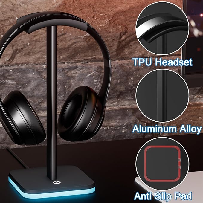 Headphone Stand for Desk - Headset Stand with Aluminum Hanger, Headphone Holder for AirPods Max, Sony, Bose, Beats and More (RGB-Black)