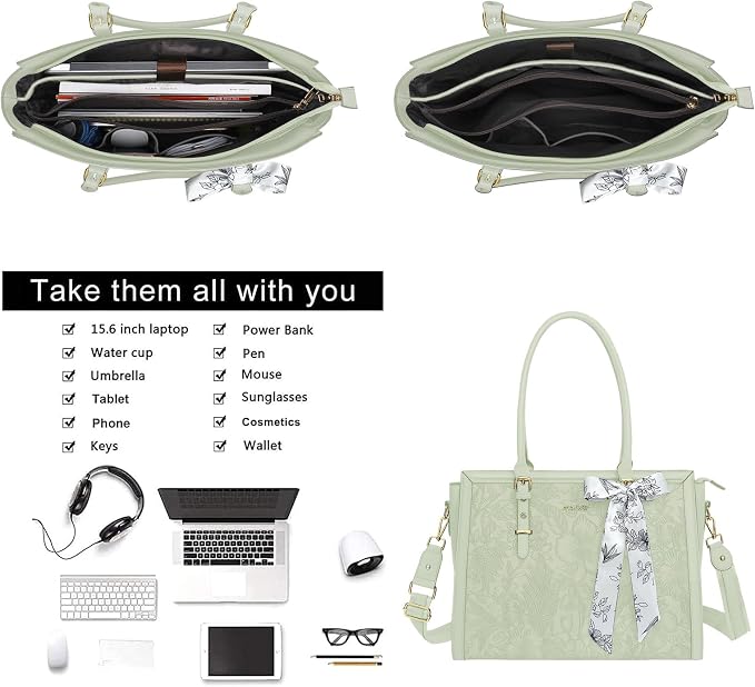 MOSISO Laptop Bag for Women, 15.6-16 inch PU Leather Tote Bag Compatible with MacBook, HP, Dell, Asus Notebook, Front Embossed Retro Hibiscus Computer Bags with Silk Scarf&Clutch Purse, Sage Green