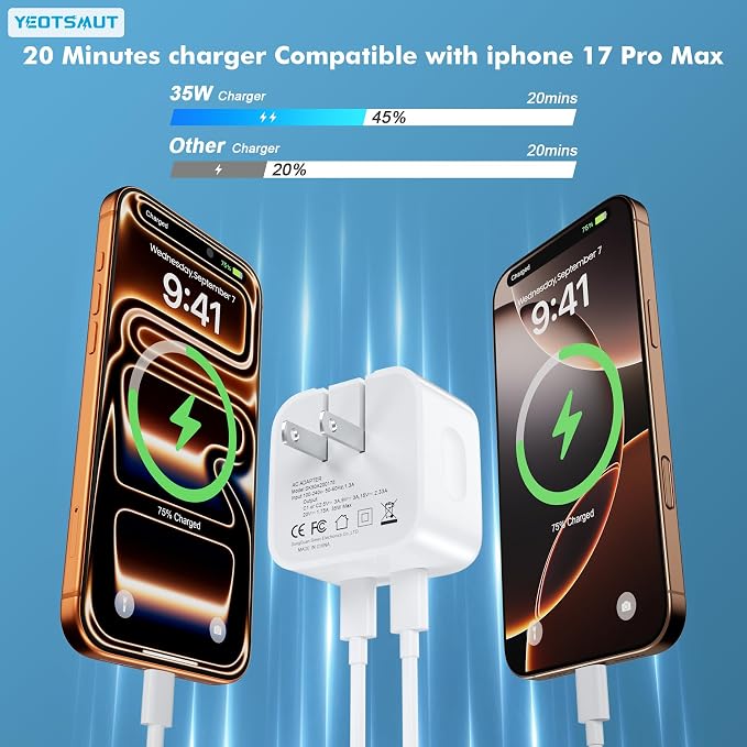 USB C Charger Block, 35W Dual USB-C Port Compact Power Adapter for Phone 17/16/15/14/13/15 Pro/Pro Max/Plus/XS/XR/X,Galaxy, Pixel,i Pad, AirPods, MacBook Air and More