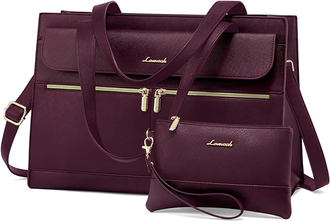 LOVEVOOK Laptop Tote for Women - 15.6 Inch Professional Leather Computer Briefcase, Waterproof Shoulder Bag, Large Capacity Business Teacher Office Bag, Crossbody Purse - Fuchsia