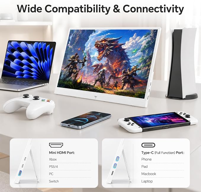 KTC Portable Monitor 15.6 Inch, 1080P FHD USB-C HDMI Laptop Screen for Laptop Phone Mac PS5 Xbox Switch, IPS HDR Travel Second Screen Monitor Extender with Speakers, White, H15F8