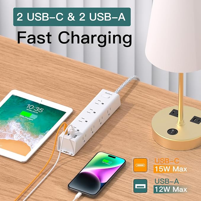 Addtam Power Strip Surge Protector with 12 AC Outlets & 4 USB Ports, 5FT Extension Cord, Flat Plug, Wall Mount, 1050J Overload Protection, Desk Charging Station for Home Office, ETL Listed, White