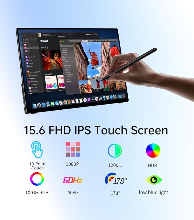 Portable Monitor Touchscreen 15.6" with Stylus Pen, Travel Monitor FHD IPS 10-Point Touch Screen, Protective Sleeve, Built-in Stand, HDMI USB C External Screen for Mac, Laptop, PC