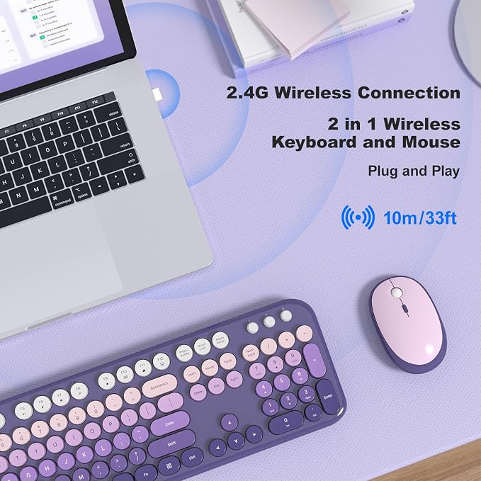 MOFII Wireless Keyboard and Mouse Combo, 2.4GHz Retro Typewriter Keyboard Full Size, Quiet Click Mouse, USB Receiver Plug and Play, for PC, Laptop, Desktop, Windows (Purple Gradient)