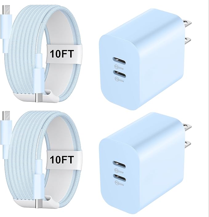 Fast Charger for 15 16 17 Pro Max, 10FT Nylon Braided USB C to C Charging Cable Cord & 20W Dual Port USB C Fast Charger Block for Phone 17 16 15 Pro Max/17 16 15/15 Plus,Android Phone-Blue