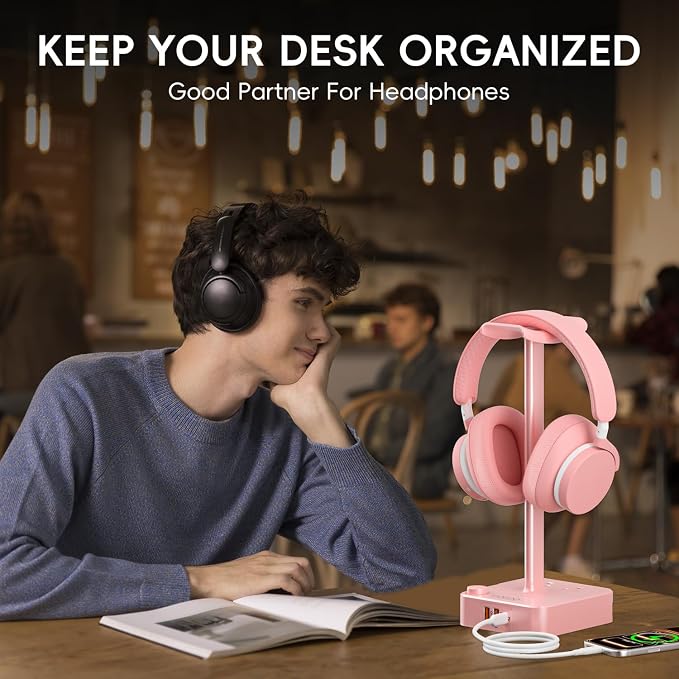 Pink Headphone Stand with USB Charger, Gaming Headset Holder with 3 USB Ports & 2 AC Outlets, PD Fast Charging & QC3.0, Desk Organizer for Girls, Gifts for Her,Girlfriend,Teen, Pink Gaming Accessories