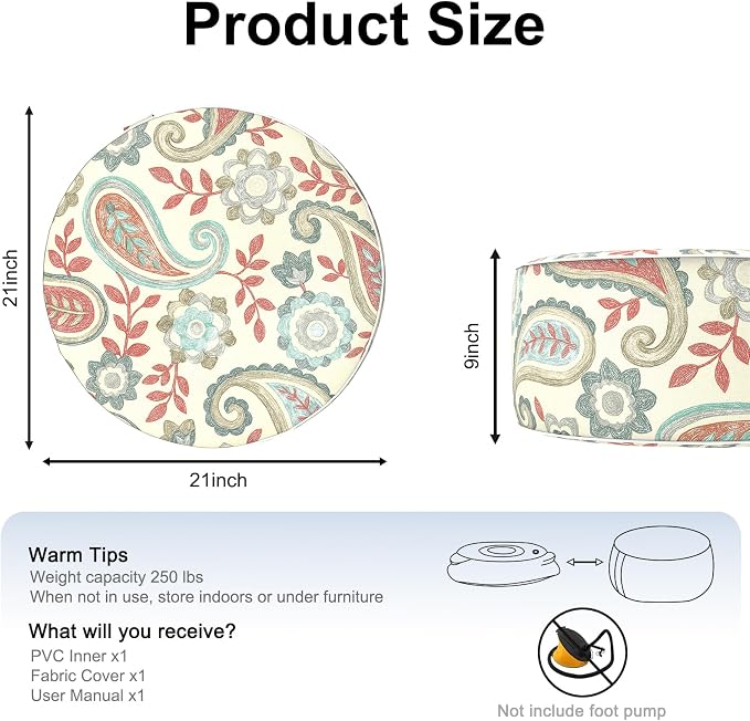 DYTXIII Inflatable Ottoman Stool D21 xH9 for Outdoor/Indoor Use, Water Repellent Patio Foot Rest with Portable Handle,Round Pouf Ottoman Suitable for Garden,Deck and Camping-Paisley Vintage