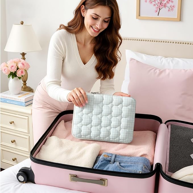 13-14 inch Cotton Quilted Laptop Sleeve for Women, Aesthetic Puffy Laptop Case Carrying Bag Compatible with MacBook Air/Pro 13/Pro 14, Soft Computer Liner Bag (Blue Gingham, 11.6 inch)
