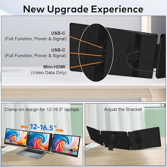 14" Laptop Screen Extender, FHD 1200P IPS Portable Monitor for Laptops 12-16.5", Triple Screen Laptop Monitor Extender, USB-C/HDMI Plug & Play, Dual Screen Computer Monitors for Windows/Mac