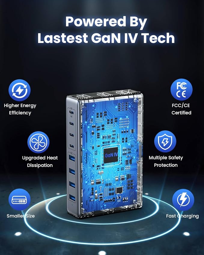 USB C Charger 200W USB C Charger Block,Upgraded GaN III 8-Port Fast Charging Station Hub,PD 65W Laptop Charging Adapter Compatible with MacBook Pro/Air,DELL,Steam Deck,iPhone 16/15/14,Galaxy S23/22