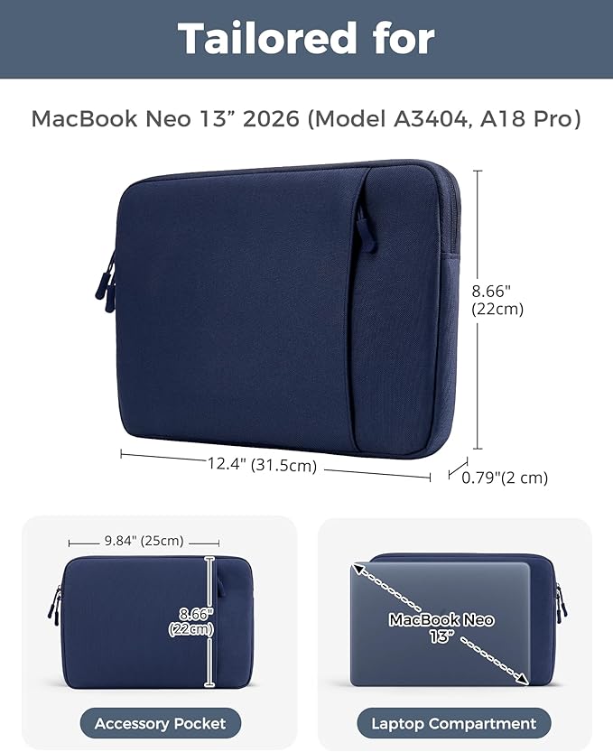 ProCase Laptop Sleeve for MacBook Neo 13 inch 2026 (Model A3404, A18 Pro), Protective Case with Soft Lining, Slim Travel Sleeve with Pocket for Accessories, Tailored for MacBook Neo 13” -Indigo