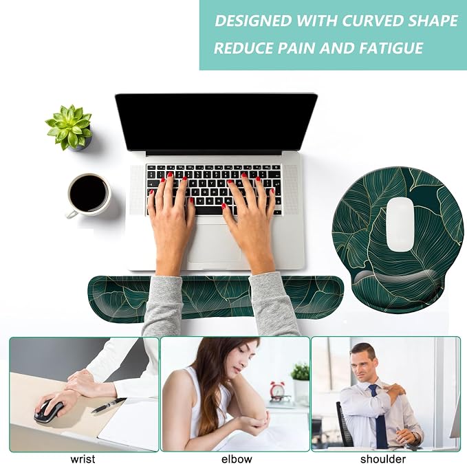 Keyboard Wrist Rest Pad Mouse Pad with Wrist Support Set of 3, Mousepad with Non-Slip Rubber Base, Ergonomic Memory Foam Mouse Wrist Cushion Support for Home Office Laptop Computer, Green Leaves