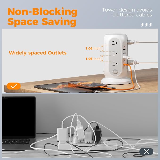 TESSAN Tower Power Strip with Individual Switches, Surge Protector with 12 Outlets, 5 USB Ports(2 USB C), Flat Extension Cord 6 Ft, 1250W, Charging Station for Multiple Devices, Office, Dorm, Grey