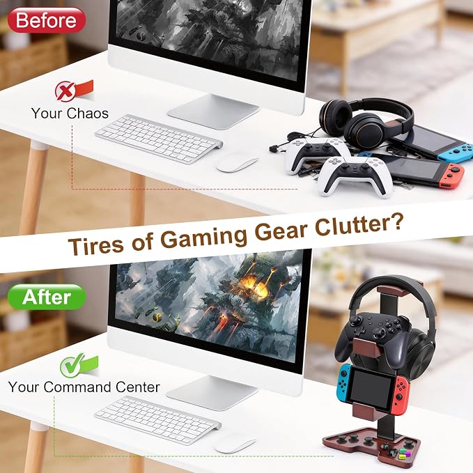 Solid Wood Headphone Stand Controller and Headset Stand Game Controller Holder for Desk Hanger Organizer Gaming Set Up Accessories for Xbox PS4 PS5 Nintendo Switch