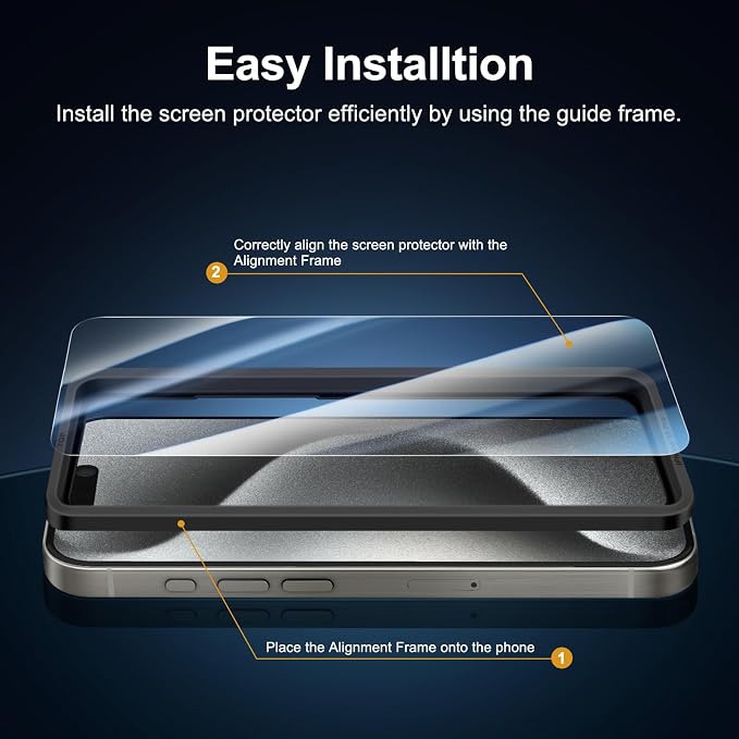 NEW'C 3x for iPhone 15 Pro Screen Protector (6.1 inches)+ 3x Camera Lens Protector, Sensor Protection, Case Friendly Tempered Glass Film + Dust Plug- Easy installation tool include