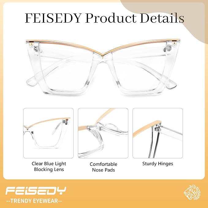 FEISEDY Fashion Cat Eye Blue Light Blocking Glasses for Women Fake Retro Eyeglasses Oversized Stylish Eyewear Frame B0240