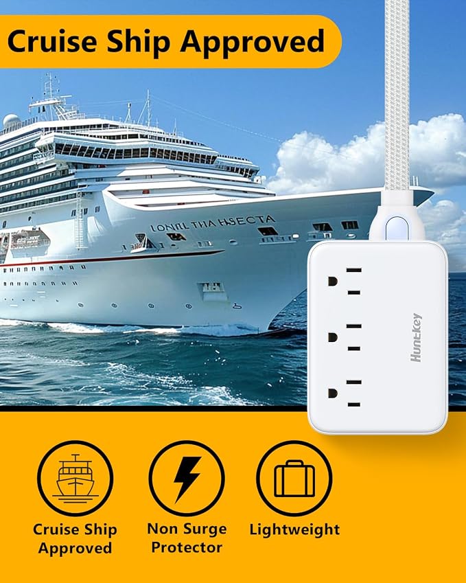 Innovative Power Strip, Cord Removable Design (4FT), Huntkey 3 Outlets Non Surge for Cruise, Travel Power Strip with 4 USB Ports (2 USB-C, 2 USB-A), ETL Listed