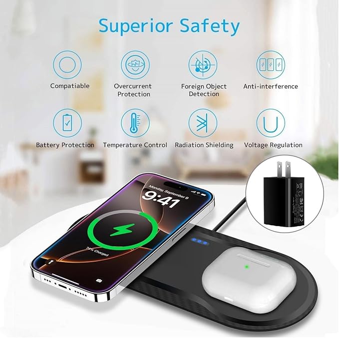 40W Wireless Charging Pad, Dual 20W Fast Wireless Charging Mat for Samsung Galaxy S25,S24,S23/Note 20/10/Buds,15W Wireless Charger Station for iPhone 17 16 15 14 13 8/SE/X/XS(Black with dapter)
