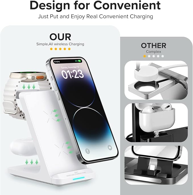 Wireless Charging Station, 3 in 1 Fast Wireless Charger Stand for Multiple Devices Apple Watch Ultra Series 11 10 9 8 7 6 SE 5 4 3 2, iPhone 17 16 15 14 13 12 11 Pro Max/Plus/Air/X/XS/XR/SE, Airpods