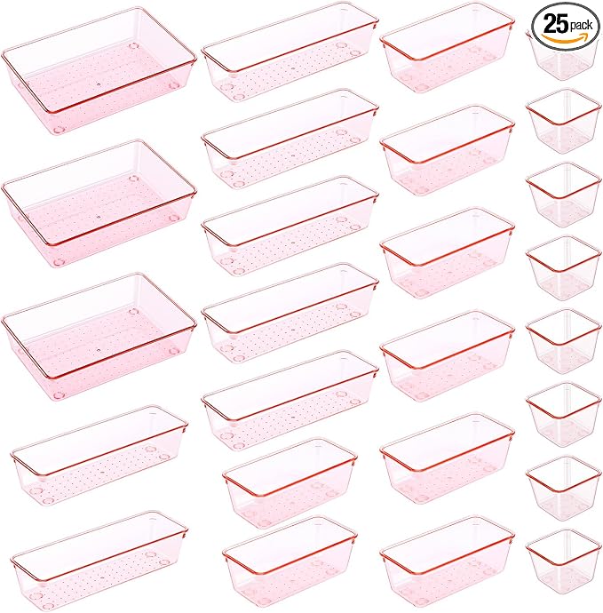 25pcs Pink Plastic Drawer Organizer Set, Clear Stackable Drawer Organizer,Kitchen Drawers Dividers for Bathroom, Office, Kitchen Cabinets and Dressing Tables